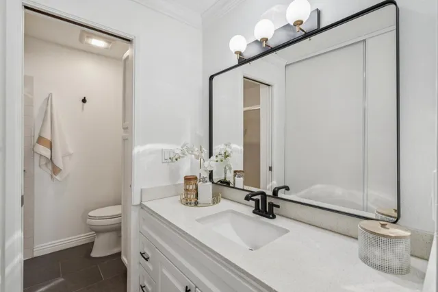 a bathroom with a sink a toilet and a mirror