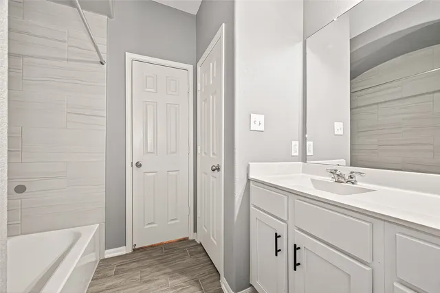 a bathroom with a sink a mirror and a bathtub