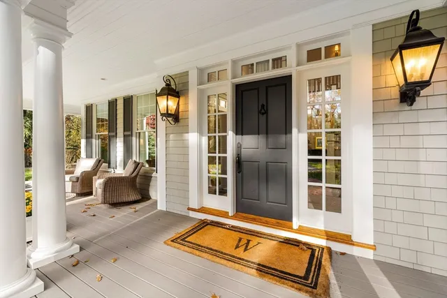 a building outdoor space with patio furniture