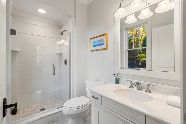 a bathroom with a sink a toilet a large mirror and shower