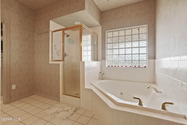 a bathroom with a bathtub and a shower