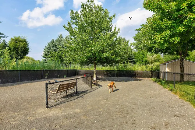 a view of park with iron fence