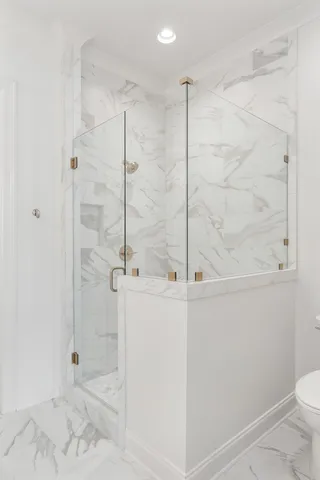 a bathroom with a shower and a toilet