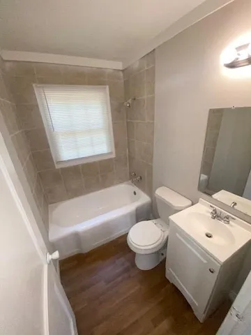 a bathroom with a sink toilet vanity and bathtub