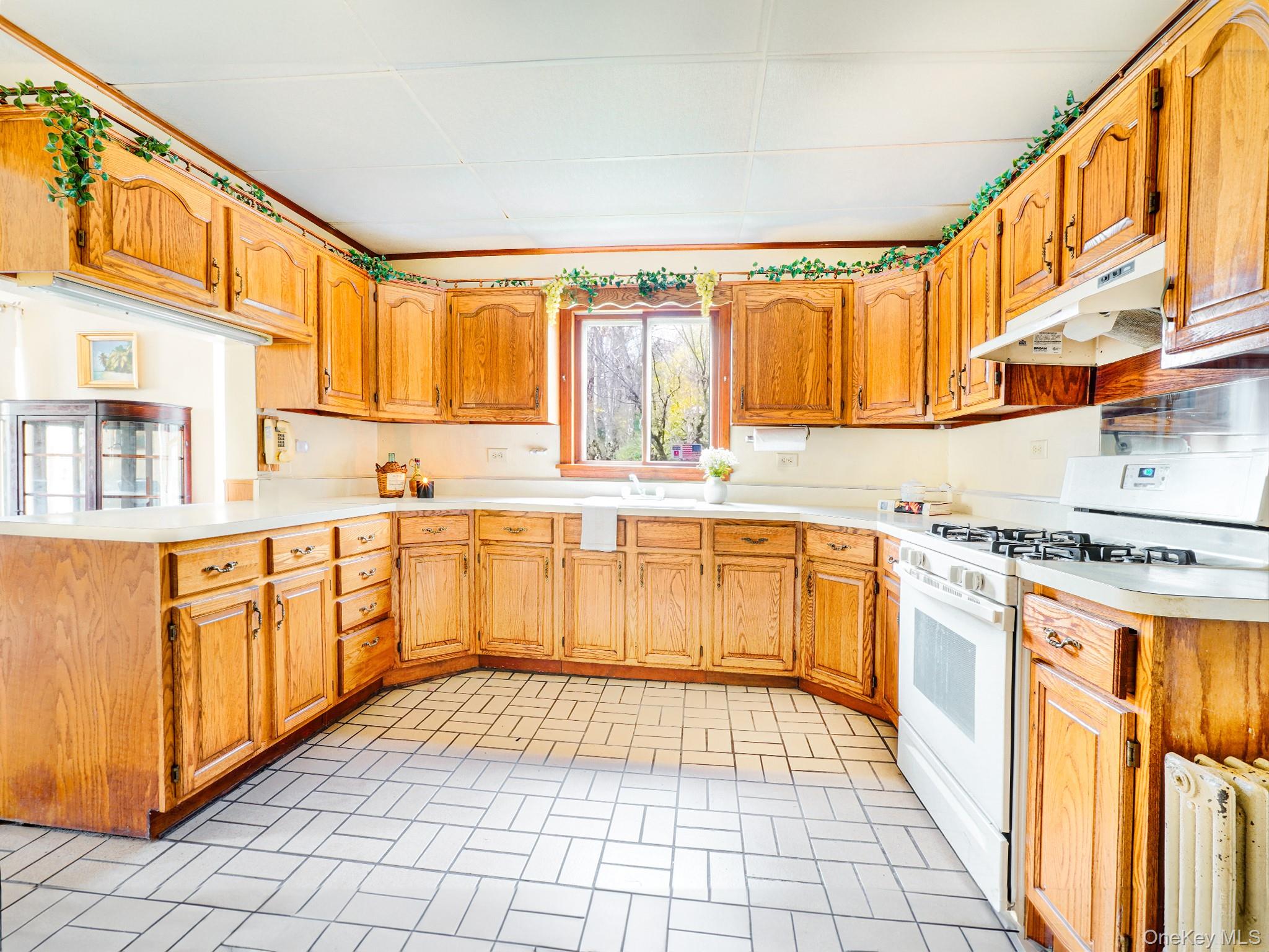 2182 Old Rte 17 Roscoe, NY 12776 - Photo 6 of 32 Kitchen with white gas range, under cabinet range hood, light countertops, brick patterned floors, and a sink