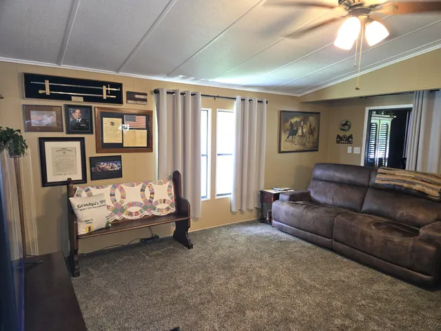 a living room with furniture and a kitchen