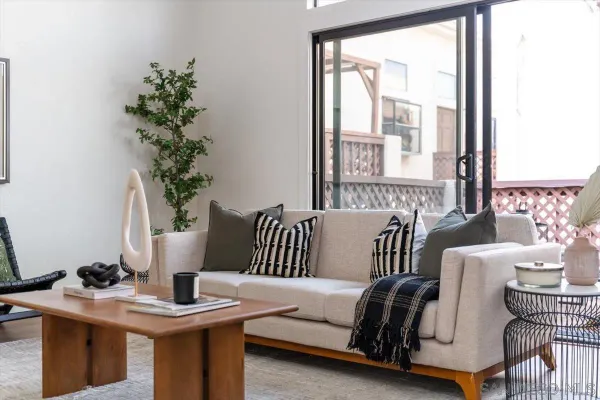 a living room with furniture and a potted plant