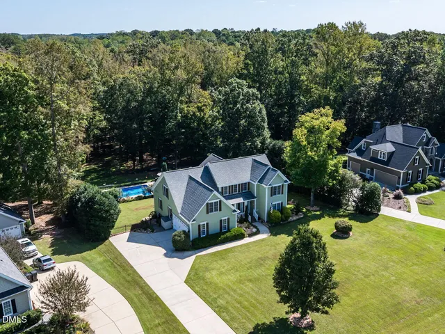 a view of a house with a big yard potted plants and large tree