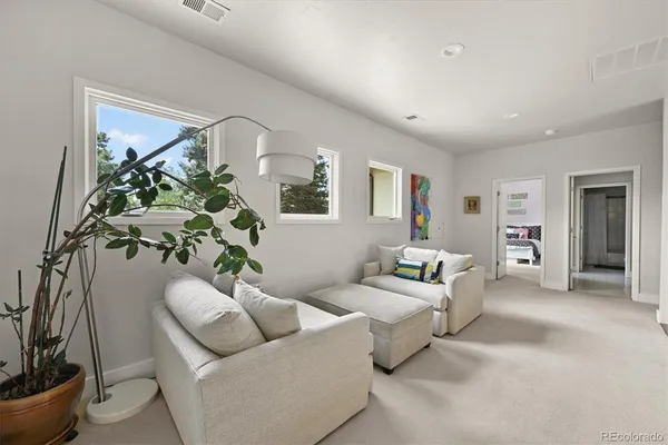 a living room with furniture and a potted plant