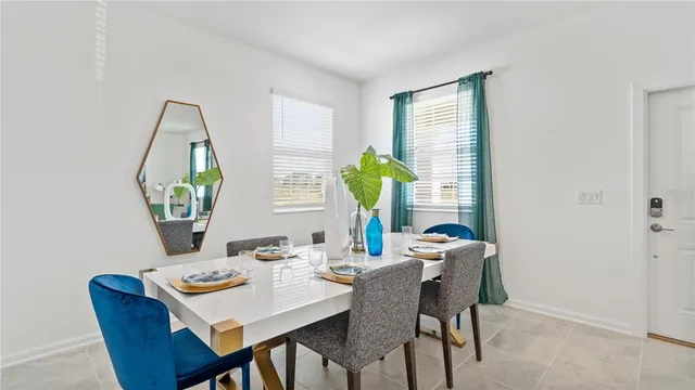 a view of a dining room with furniture window and outside view