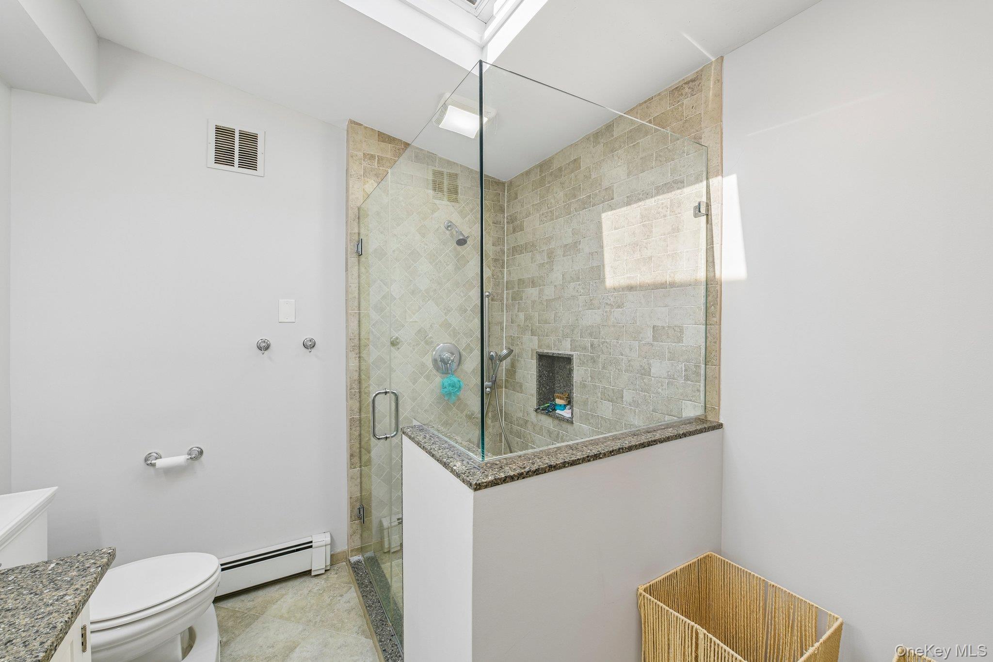 2821 Colonial Avenue Merrick, NY 11566 - Photo 21 of 29 a bathroom with a granite countertop shower a mirror and a toilet