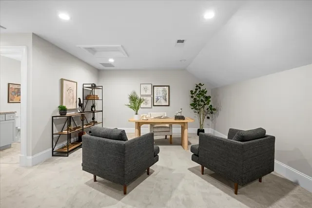 a living room with furniture and a potted plant