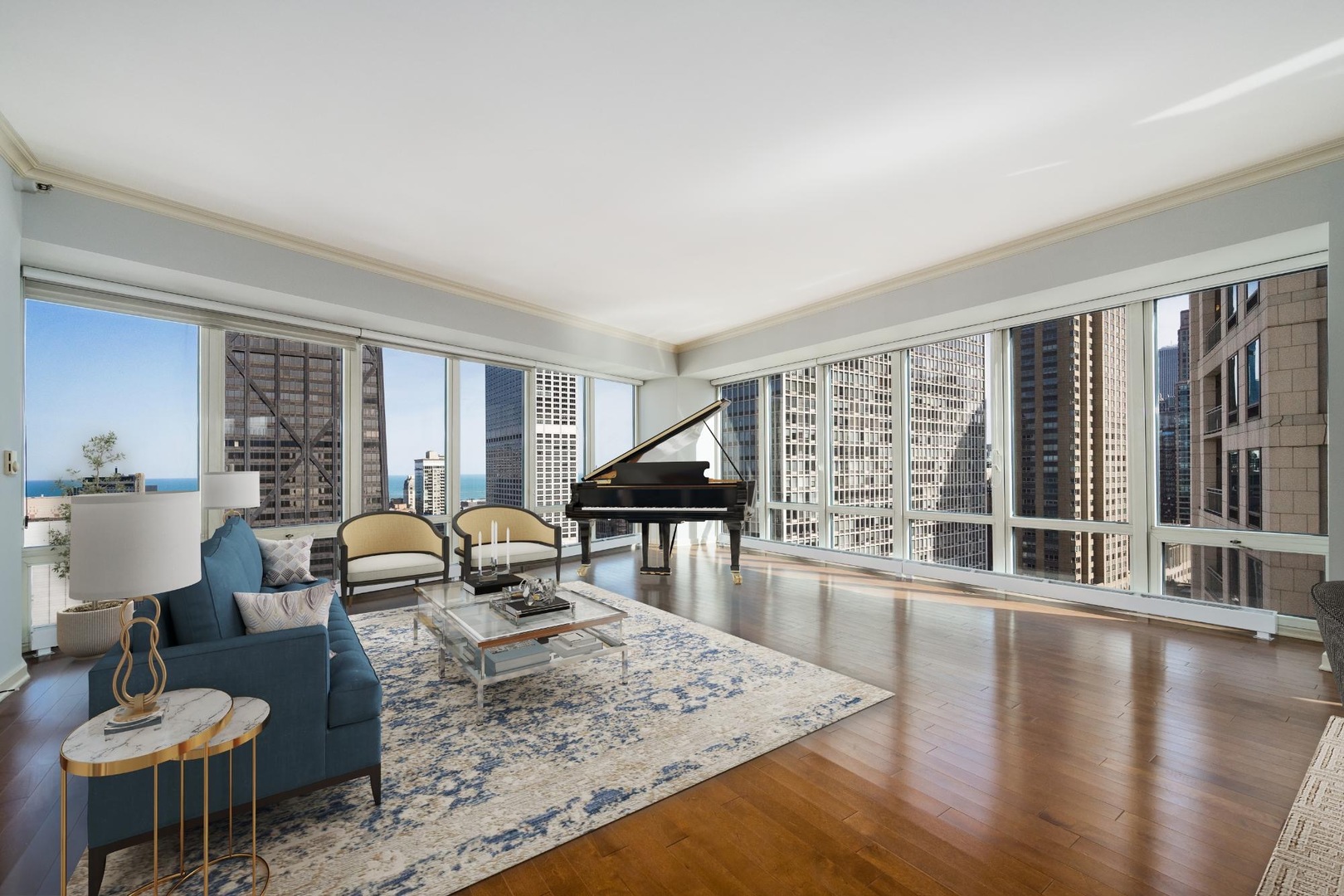 57 East Delaware Place, Unit 3202 Chicago, IL 60611 - Photo 3 of 32 a living room with furniture and a wooden floor