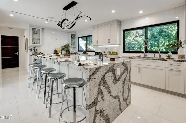 a view of a dining room with furniture