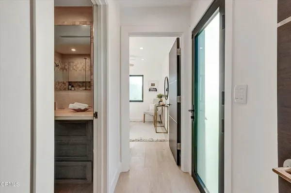 a bedroom with a bed and furniture