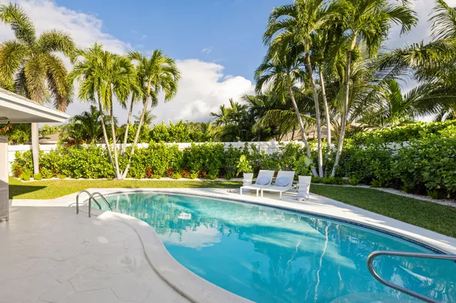 a view of a swimming pool with a yard