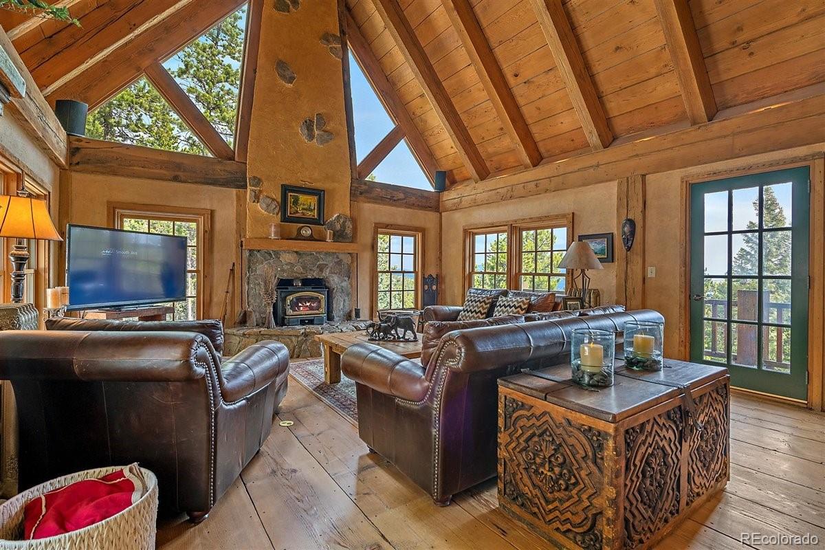2229 Sinton Road Evergreen, CO 80439 - Photo 3 of 38 a living room with fireplace furniture and a flat screen tv