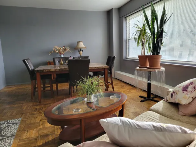 a living room with furniture and a potted plant