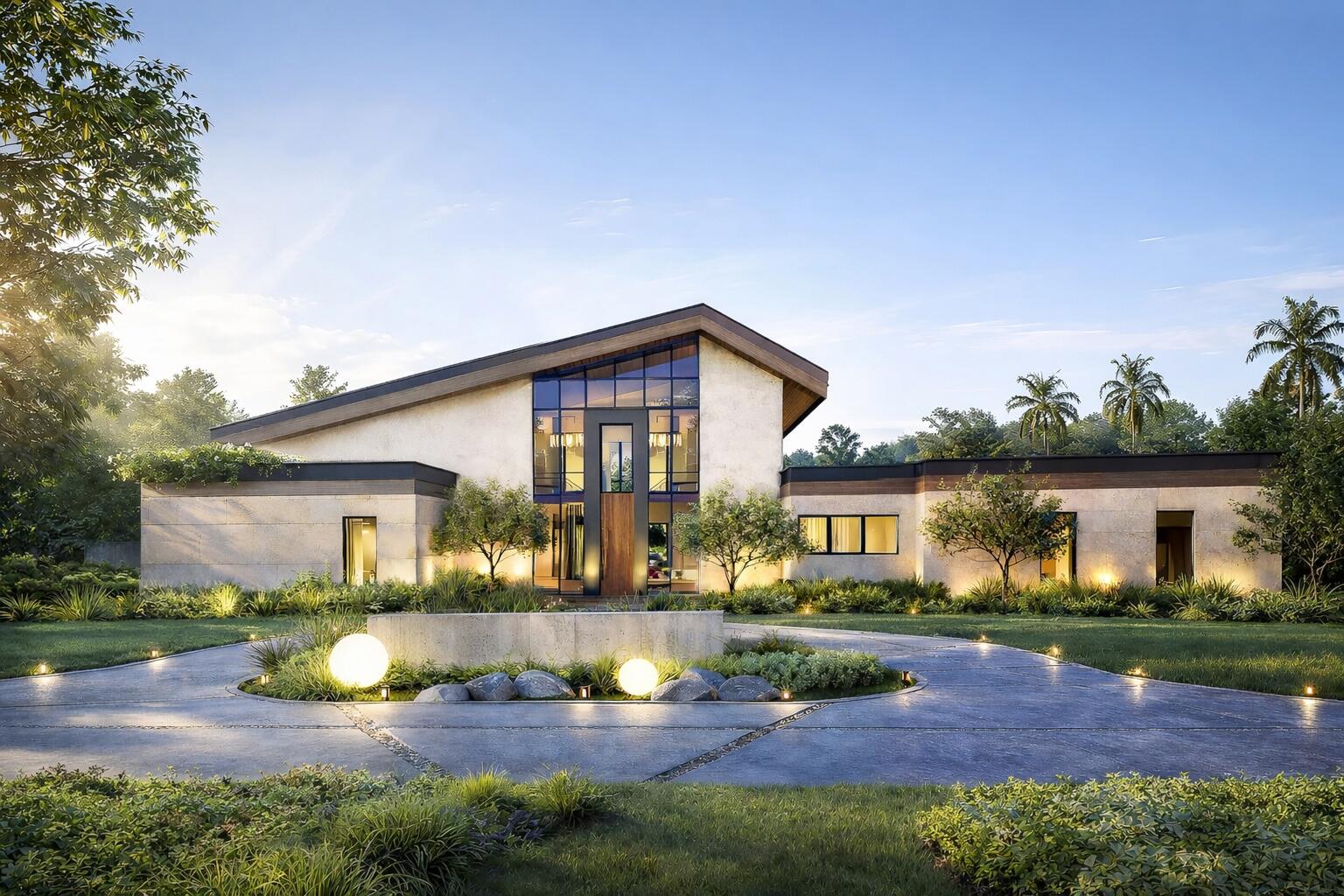 a front view of a house with yard and green space