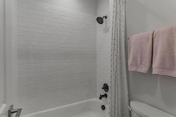a bathroom with a shower and a toilet