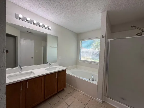 a bathroom with a tub a sink and mirror