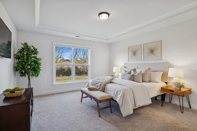a bedroom with a bed and a potted plant