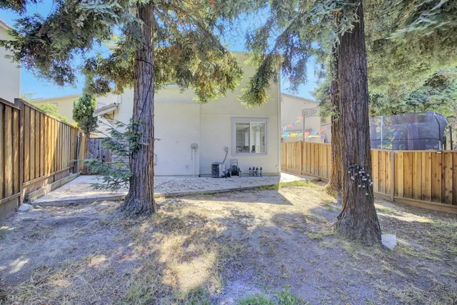 a view of a house with backyard and a tree