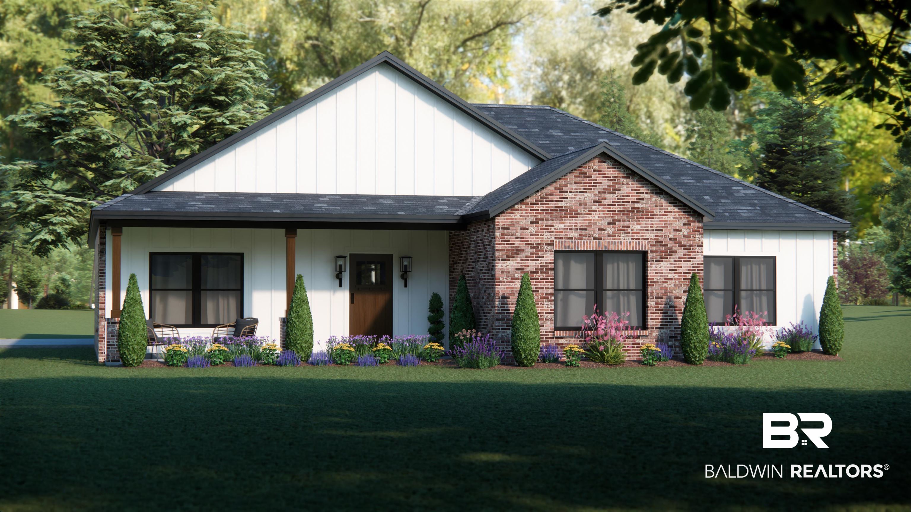5561 McCrary Road Semmes, AL 36575 - Photo 1 of 11 View of front of house with board and batten siding, a front yard, covered porch, roof with shingles, and brick siding