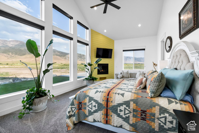 1952 Highway 118 Monroe, UT 84754 - Photo 29 of 88 Bedroom featuring high vaulted ceiling, multiple windows, carpet flooring, recessed lighting, and a fireplace