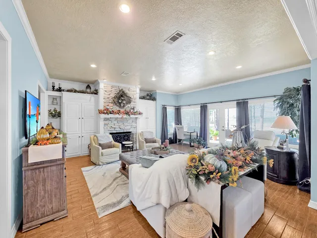 a living room with fireplace furniture and a fireplace