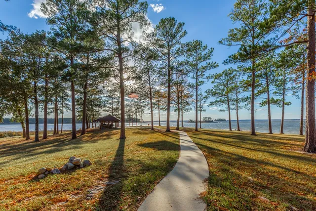 a view of swimming pool with outdoor seating and trees