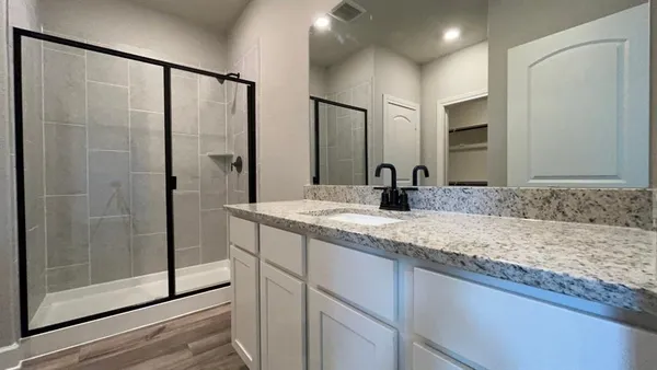 a bathroom with a granite countertop sink a mirror and shower