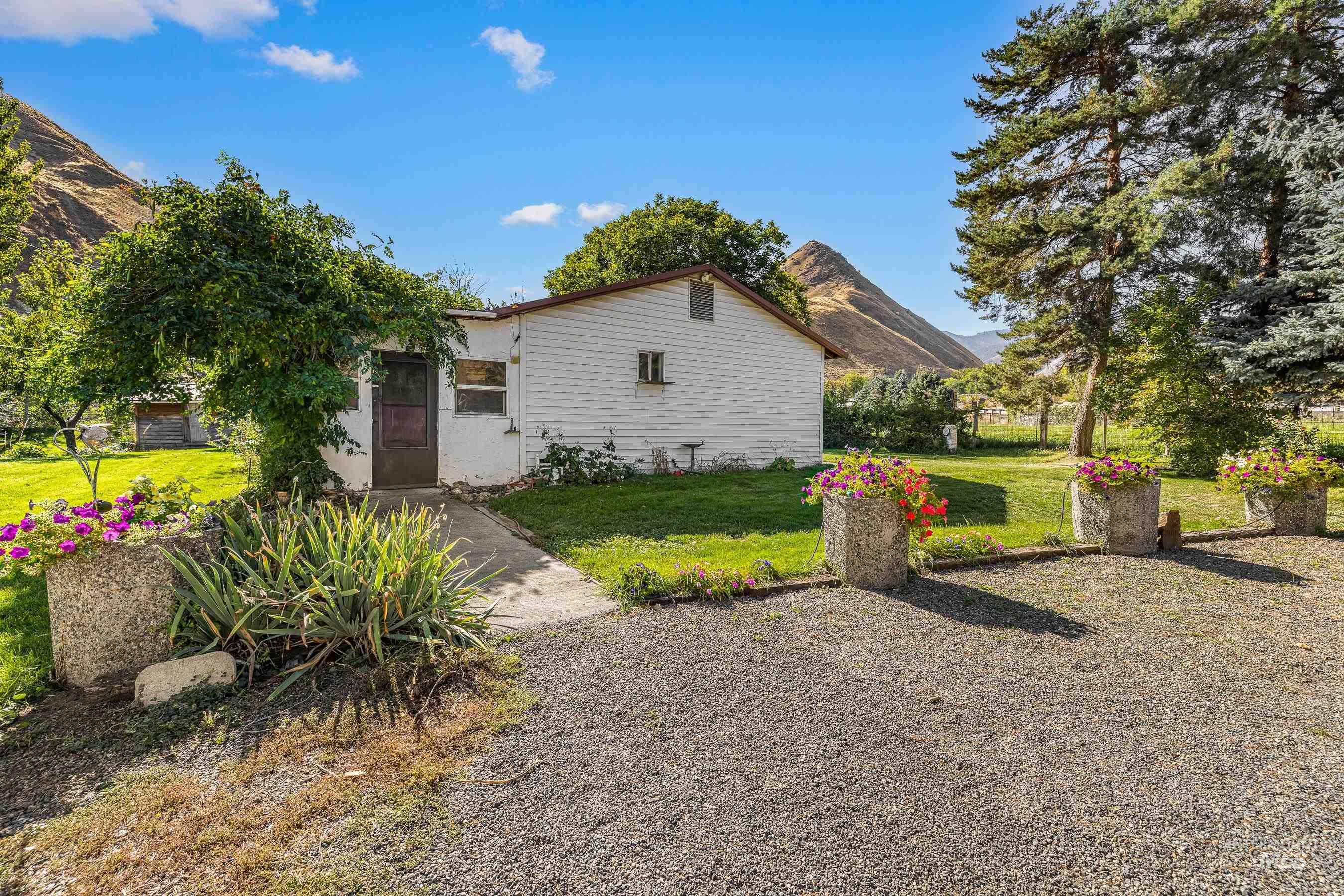 7026 S Highway Riggins, ID 83549 - Photo 11 of 50 Gravel driveway with concrete planters, leading to a white-sided structure with a covered entry