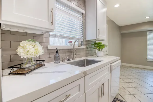 a kitchen with a sink a counter and cabinets