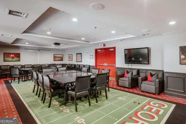 a view of a dining room with furniture