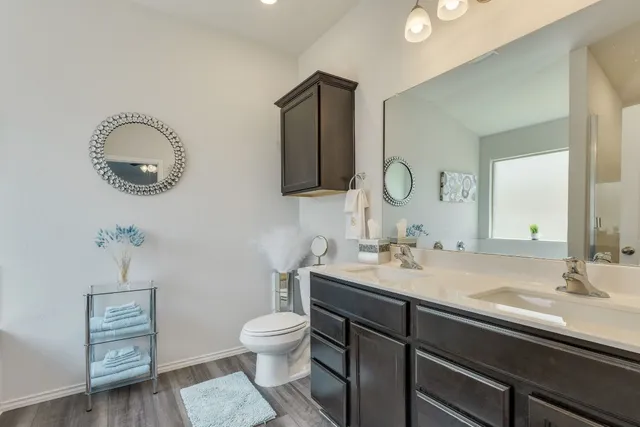 a bathroom with a toilet a sink and mirror