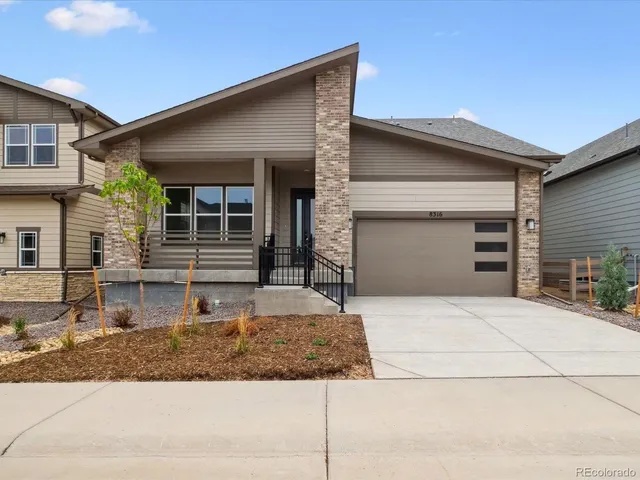 a front view of a house with garage and glass door
