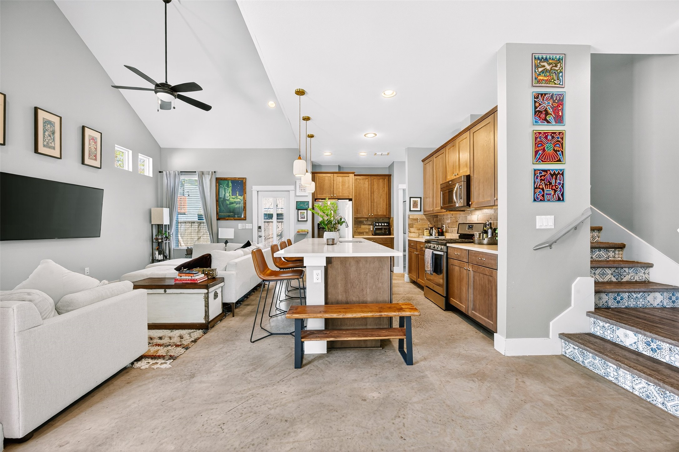 4917 Sunset Trail, Unit A Austin, TX 78745 - Photo 10 of 36 Living room with ceiling fan, recessed lighting, and lofted ceiling
