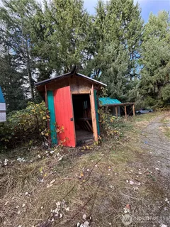 a view of backyard with a small cabin