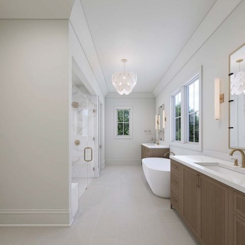 a spacious bathroom with a double vanity sink a mirror and a bathtub