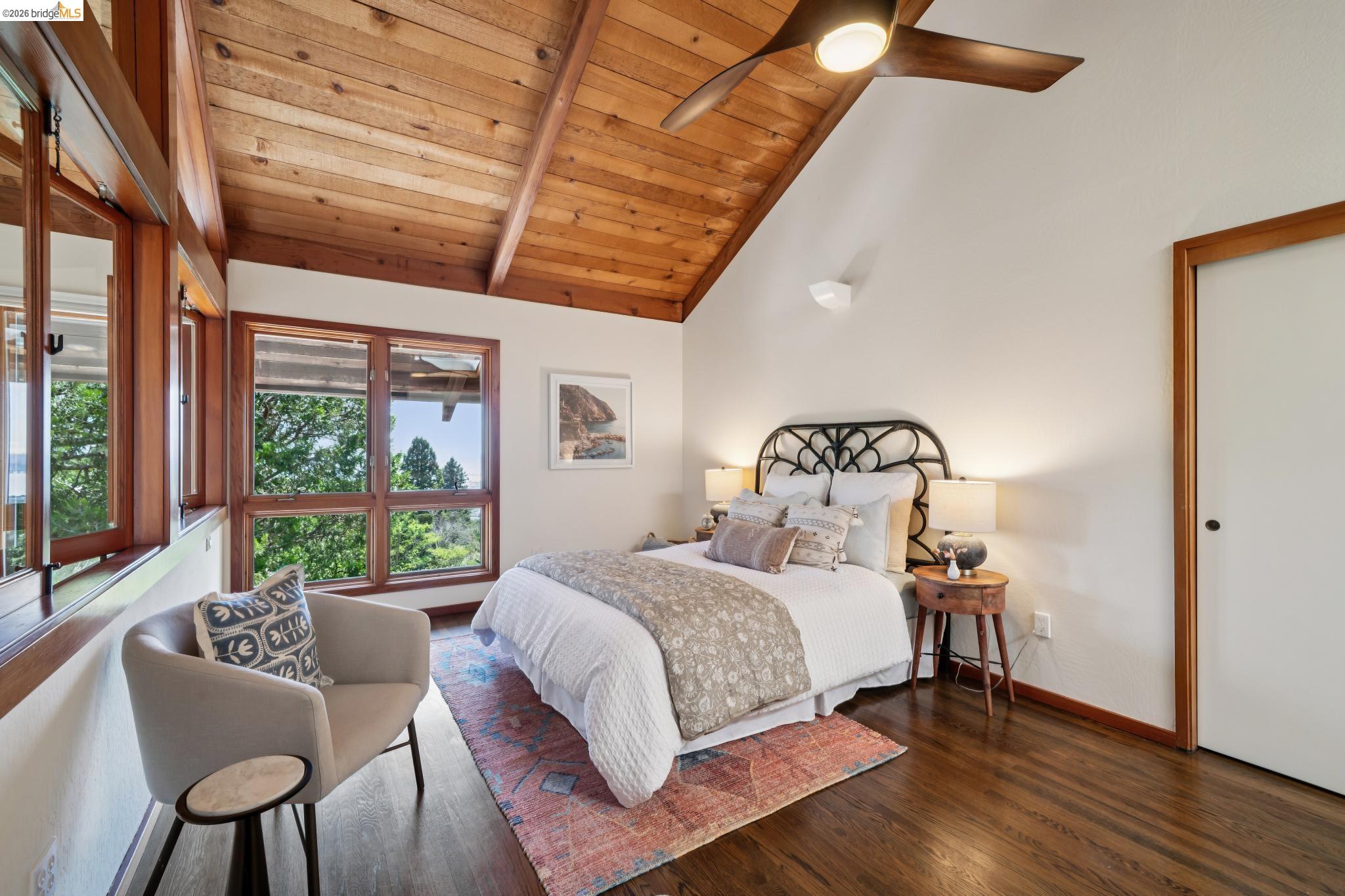 1183 Keeler Avenue Berkeley, CA 94708 - Photo 31 of 53 Bedroom featuring wood finished floors, a vaulted wooden ceiling, and ceiling fan