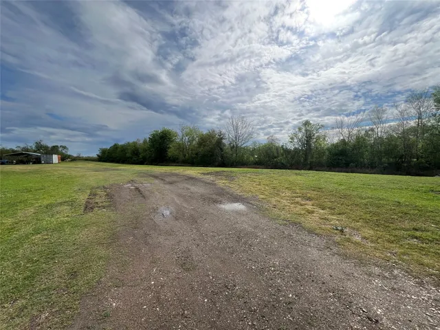 a view of a field with an trees in the background