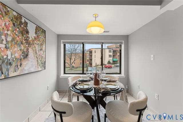 a view of a dining room with furniture window and outside view
