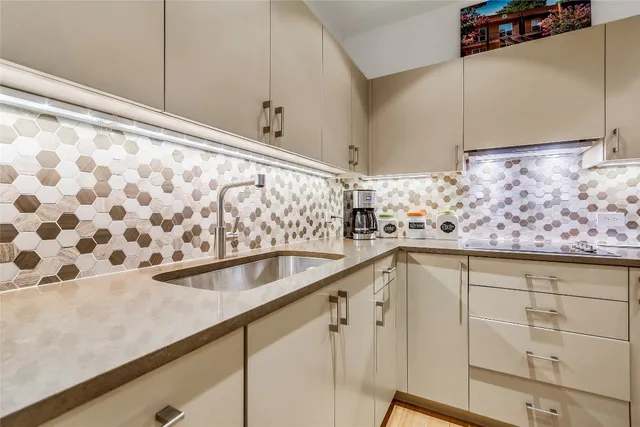 a view white cabinets and a counter top