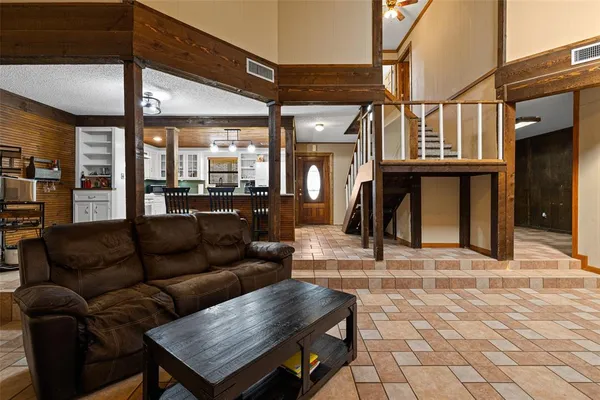 a view of a patio with a tv