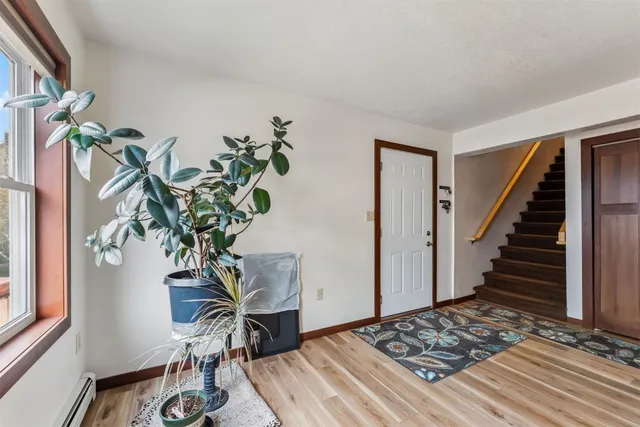 a view of a hallway with wooden floor and a potted plant