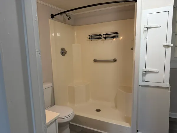 a bathroom with a shower and a toilet