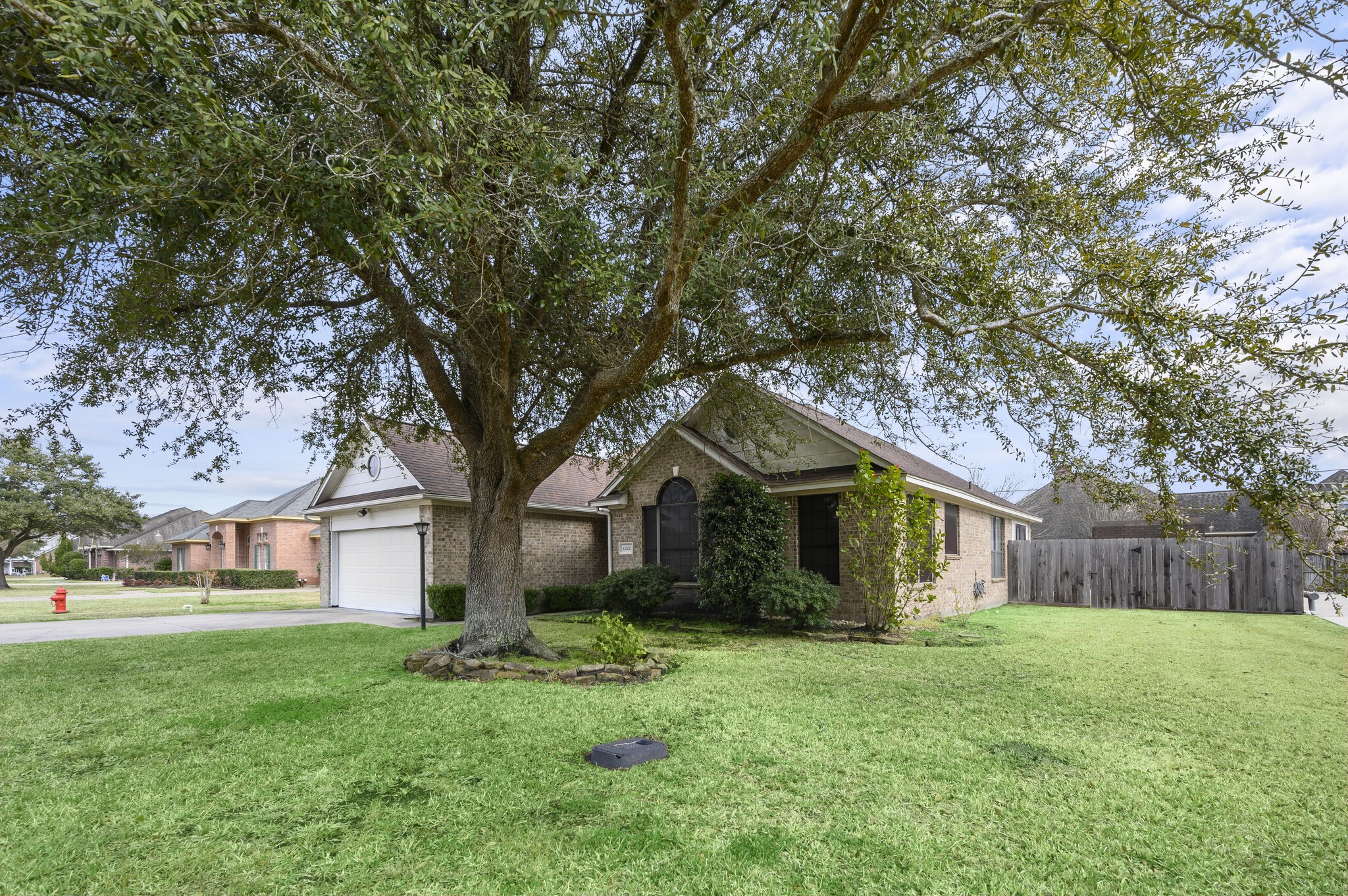12302 Fisher Drive Mont Belvieu, TX 77523 - Photo 2 of 23 a front view of a house with a garden and trees