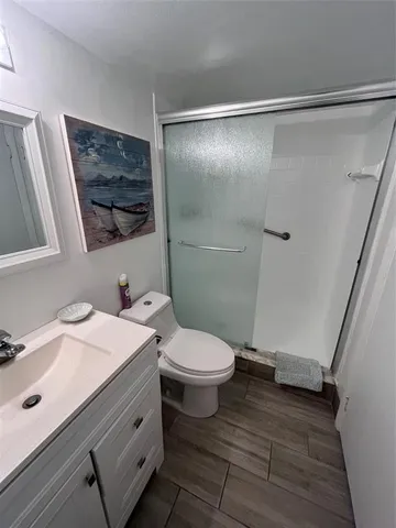 a bathroom with a sink a toilet a shower and a mirror