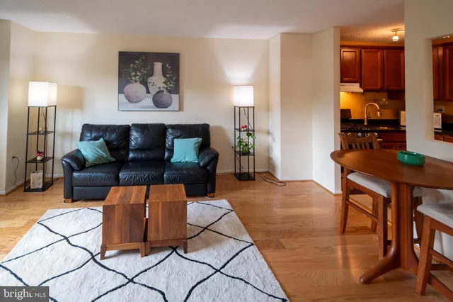 a living room with furniture and a dining table with kitchen view